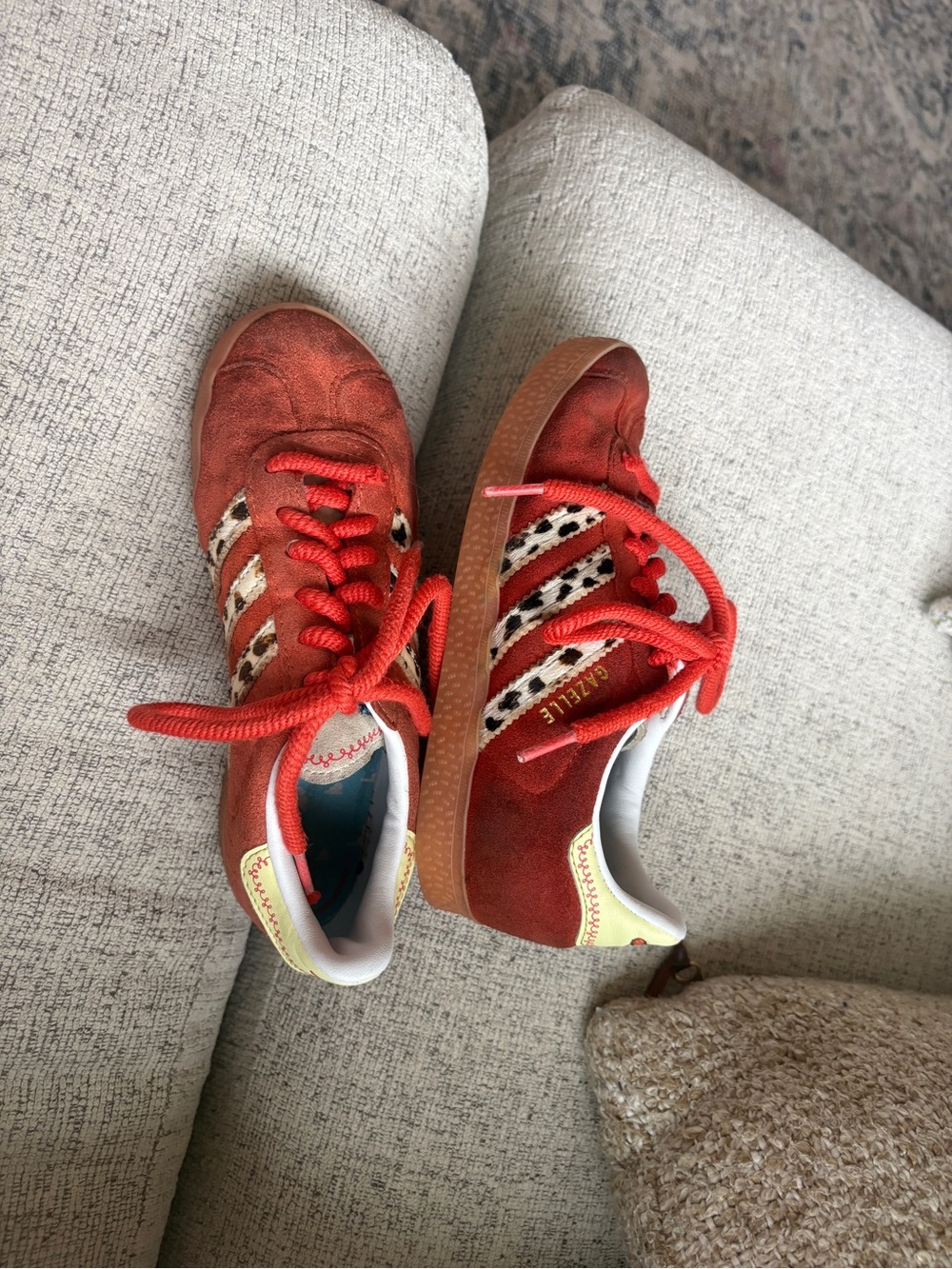 adidas Kids Red Suede Sneakers with Leopard-Print Stripes